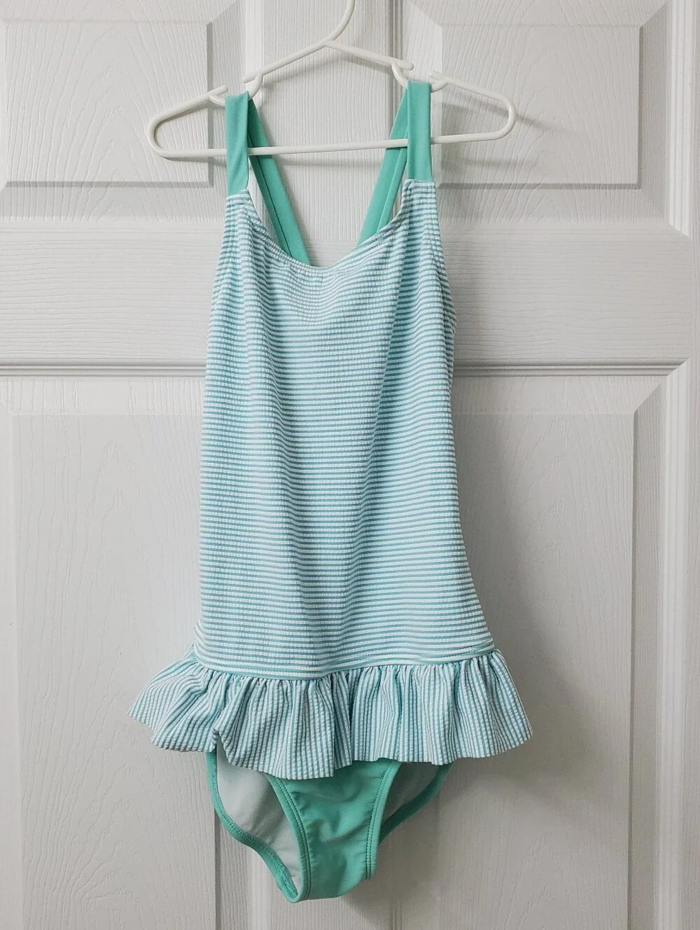 Cat And Jack Girls' Mint Green Stripe Seersucker Ruffle One-Piece Swimsuit LG